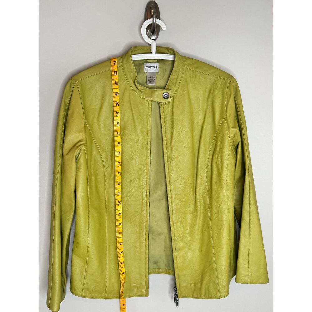 Chico's Lime Green 100% Leather Jacket Moto Zip Snap Collar Size 1 M/L - Picture 5 of 7